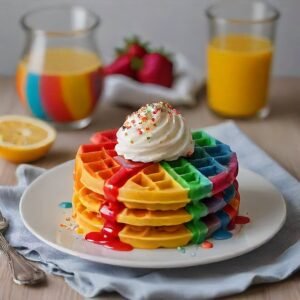 gaufre arc en ciel framboise basilic avec crème chantilly